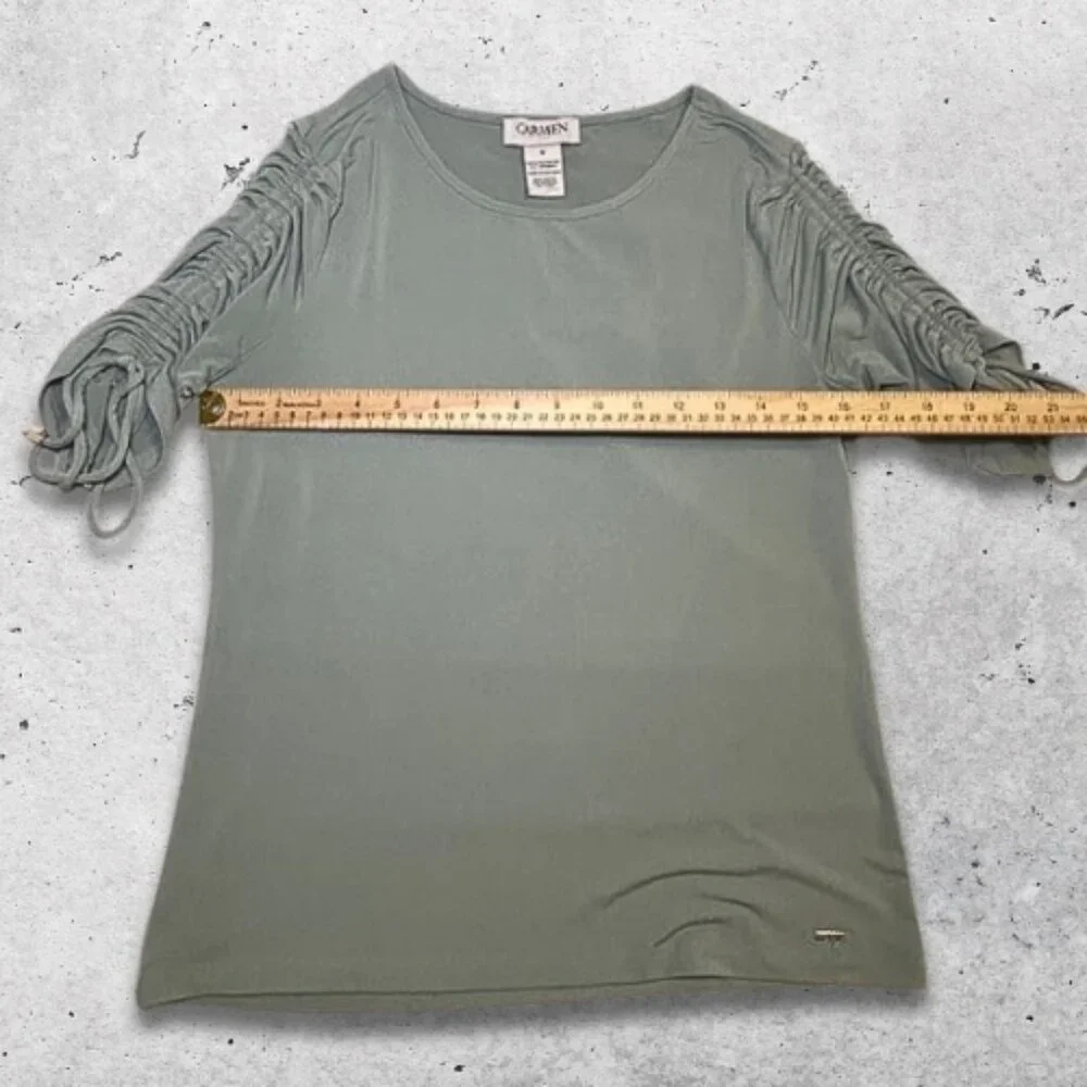 Carmen Marc Valvo Blouse Ruched Sleeves Adjustable Ties Round Neckline Green W S - Picture 5 of 8